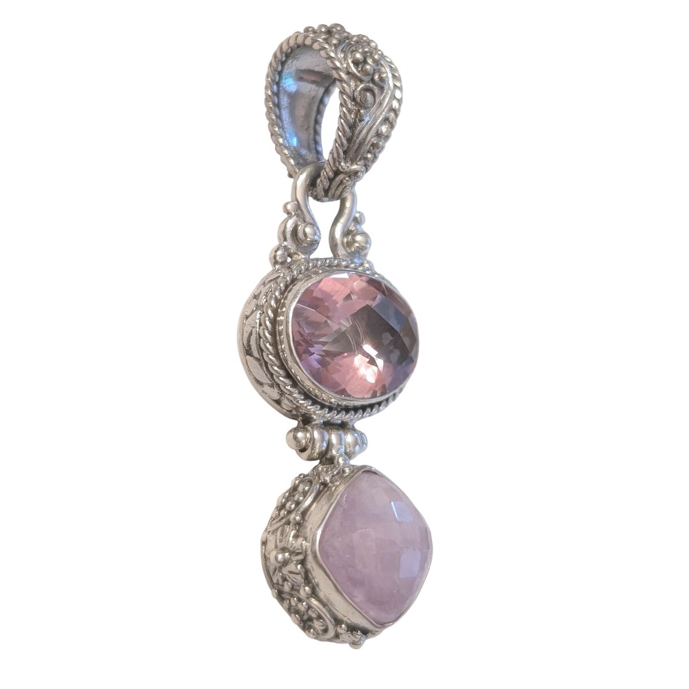 Sarda Sterling Silver Pink Quartz & Rose De France Balinese Style Pendant Ornate - Picture 4 of 8